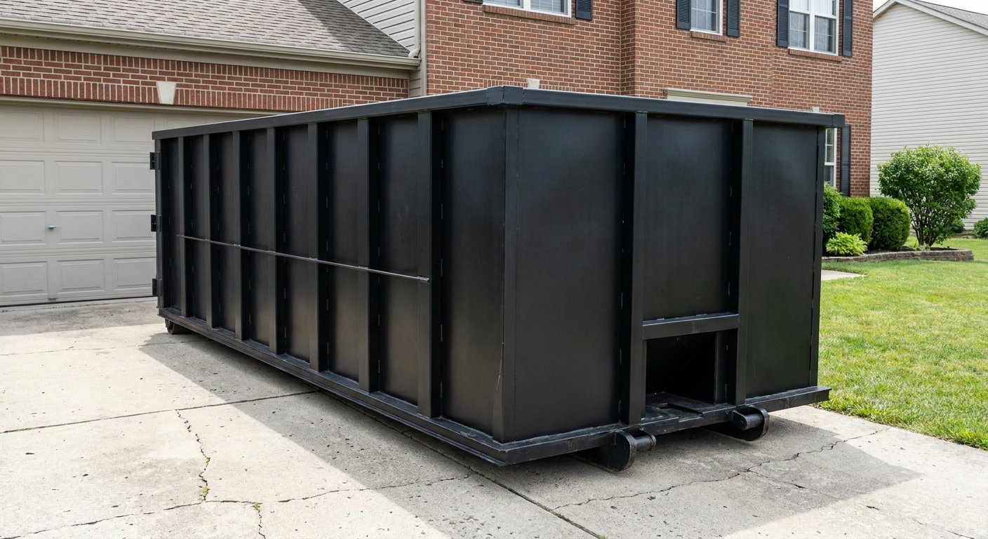 Matte-black 20-yard roll-off container on a Pepperell residential concrete driveway with reinforced ribbed steel sidewalls and a hinged rear walk-in door, clean bright daylight.
