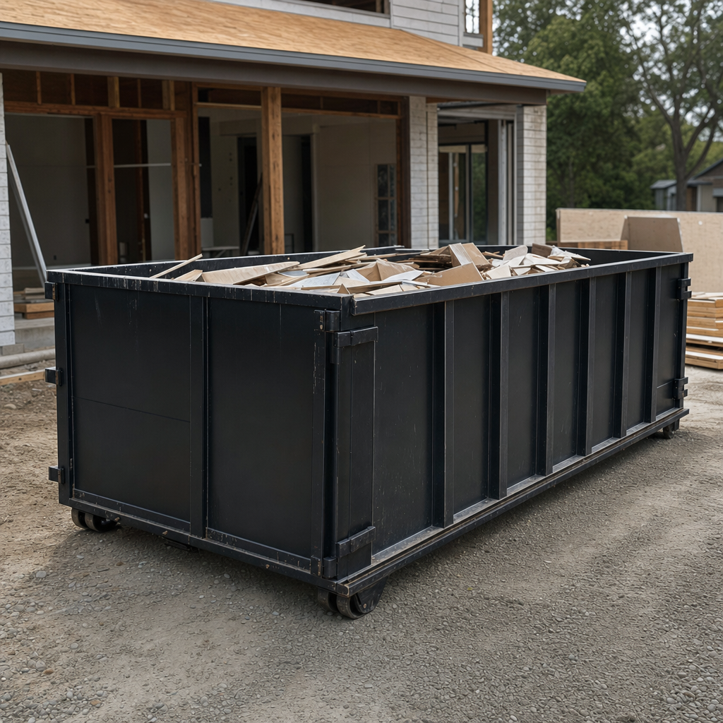 Large matte-black 30-yard construction roll-off dumpster at an active Pepperell jobsite, steel-gray top rails and bottom rollers visible, loaded with construction debris.