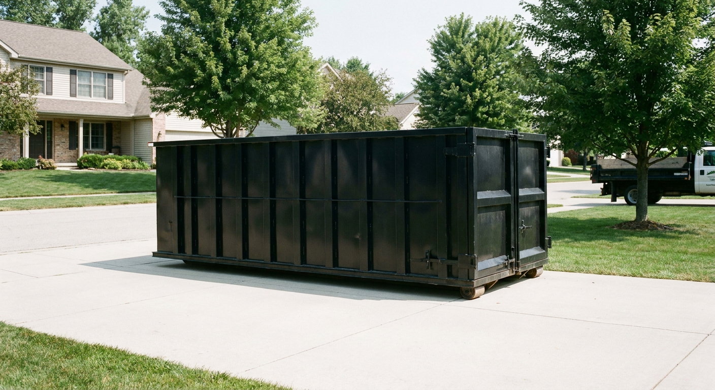 Matte-black 20-yard roll-off dumpster sitting level on a clean Pepperell residential concrete driveway under bright daylight, demonstrating clean placement directly on the concrete.