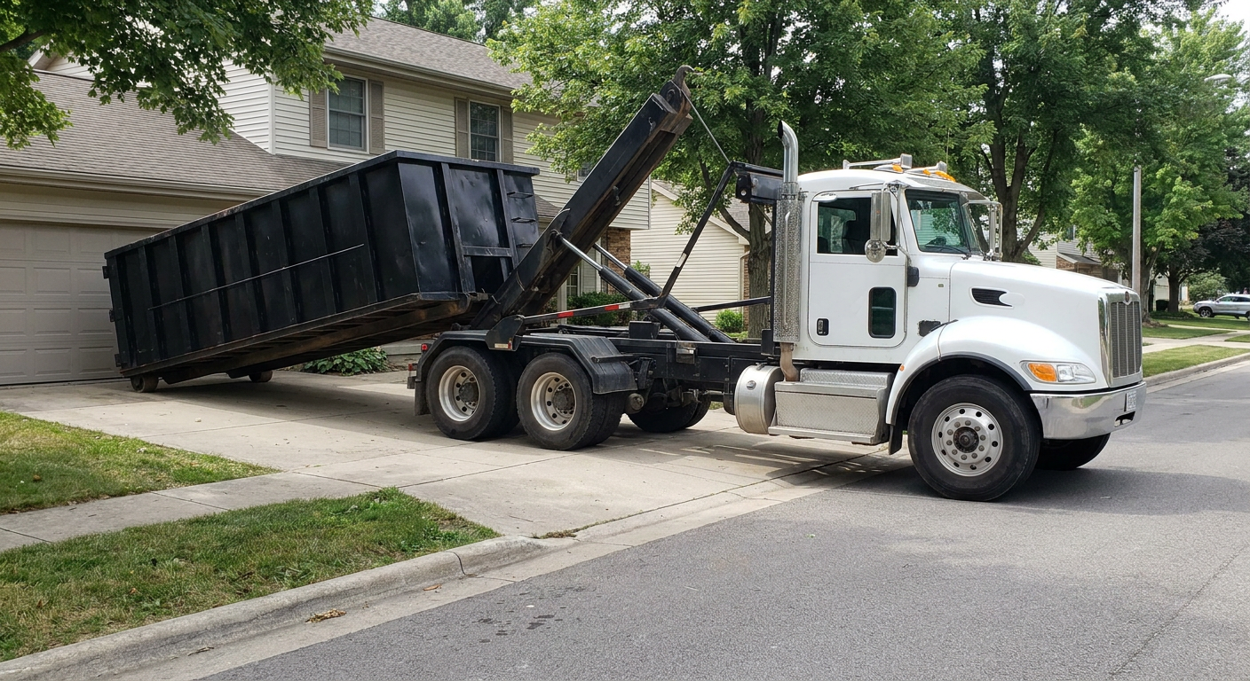 White-cab hooklift roll-off truck actively lowering a matte-black dumpster onto a Pepperell residential concrete driveway, the dumpster's rear wheels touching the driveway as the hoist arm tilts the bed forward, mid-morning daylight.