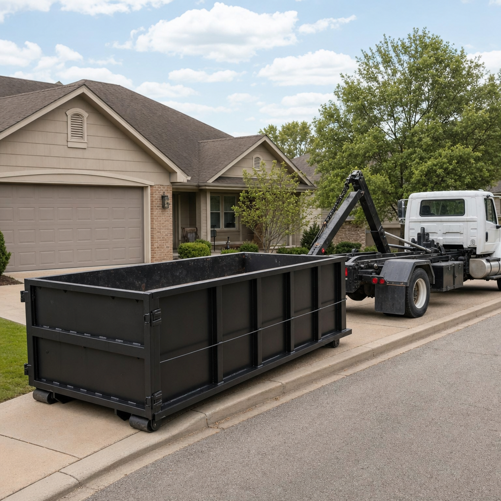 Wide documentary shot of a matte-black roll-off dumpster on a Pepperell residential driveway in the foreground and a contractor jobsite container in the soft-focus background, bright daylight, calm and orderly composition.